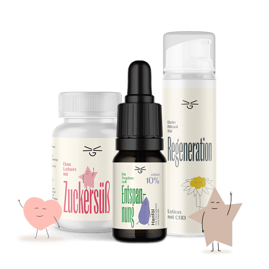 Geschenkset "Glücksbringer" - Ein Tropfen voll Entspannung CBD Öl, Zuckersüß Fruchtgummis und CBD Lotion
